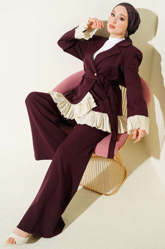 Plissé Detail Wrap Two-Piece Set in Burgundy