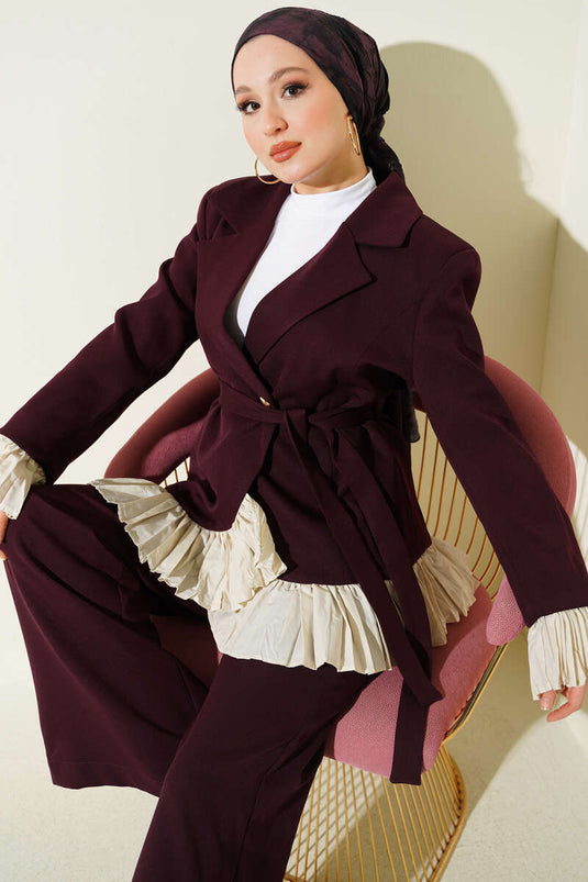 Plissé Detail Wrap Two-Piece Set in Burgundy