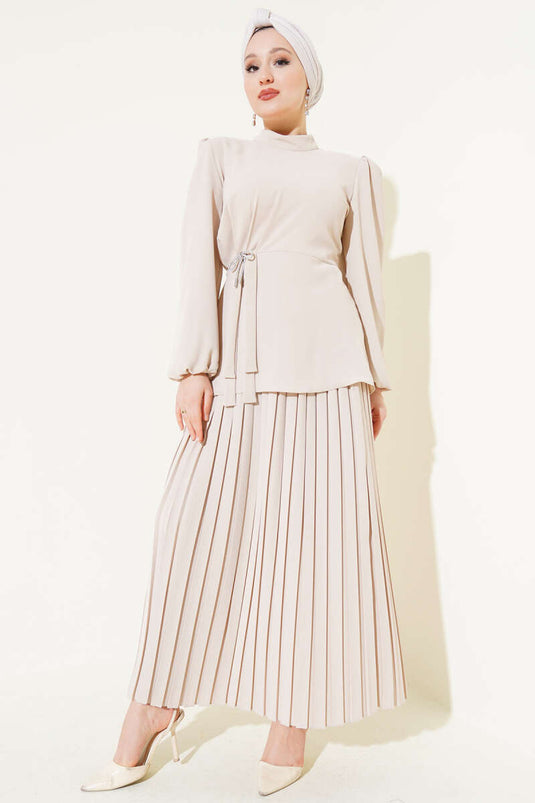 Pilise Etekli Tunik İkili Takım Bej