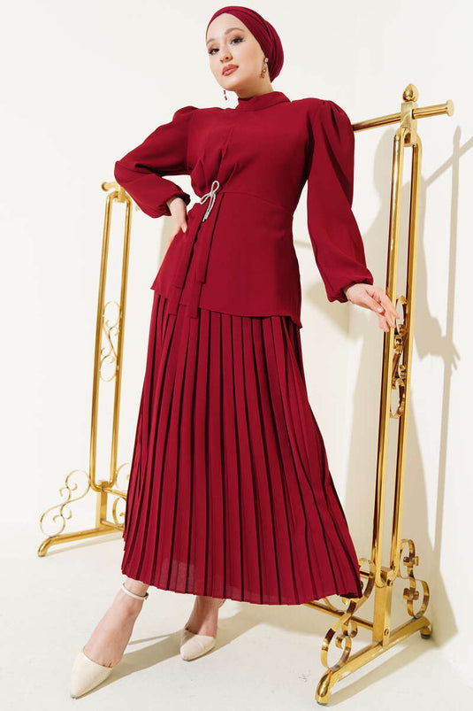 Ensemble deux pièces tunique à jupe plissée rouge bordeaux