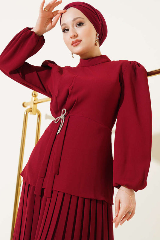 Ensemble deux pièces tunique à jupe plissée rouge bordeaux