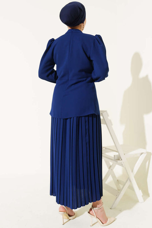 Ensemble deux pièces tunique à jupe plissée bleu marine