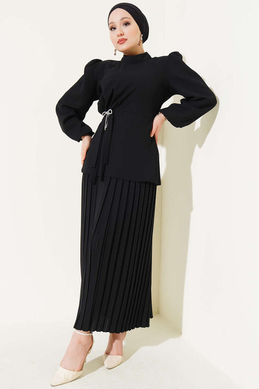 Ensemble deux pièces tunique à jupe plissée noire