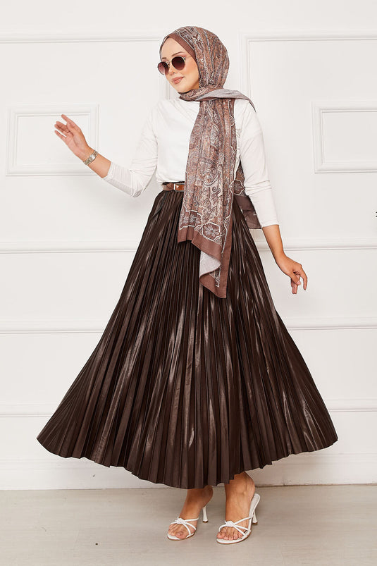 Jupe plissée à taille élastique marron