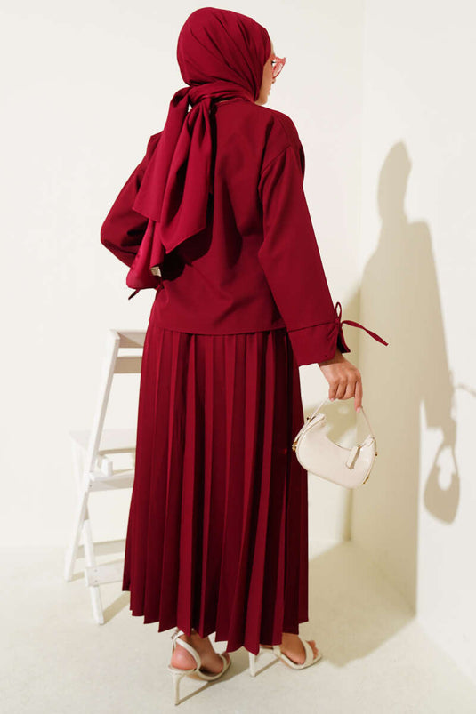 Tailleur jupe double plissée longueur cheville bordeaux