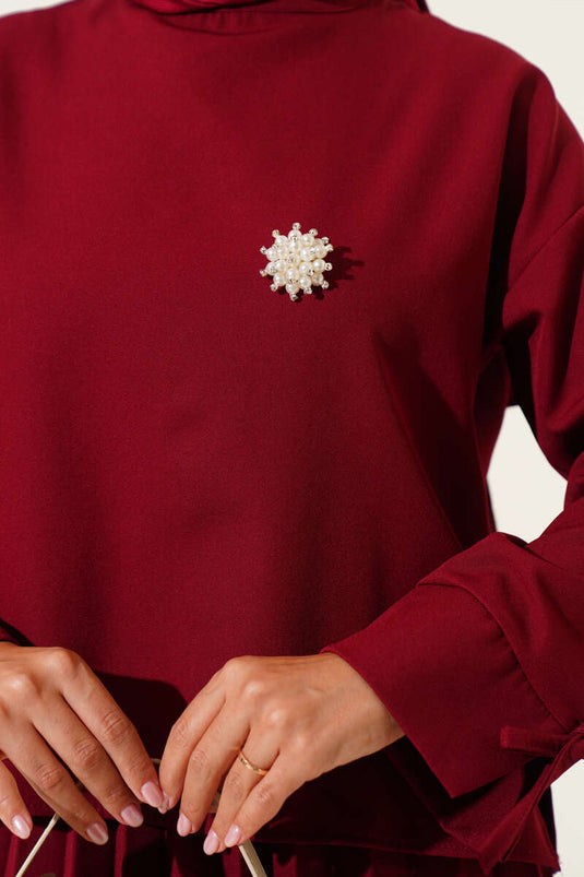 Tailleur jupe double plissée longueur cheville bordeaux