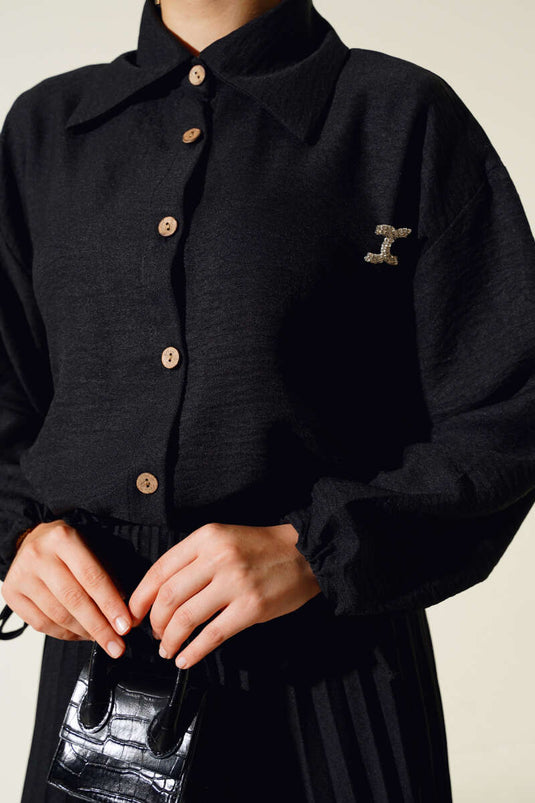 Faltenrock Leinen Doppelanzug Schwarz