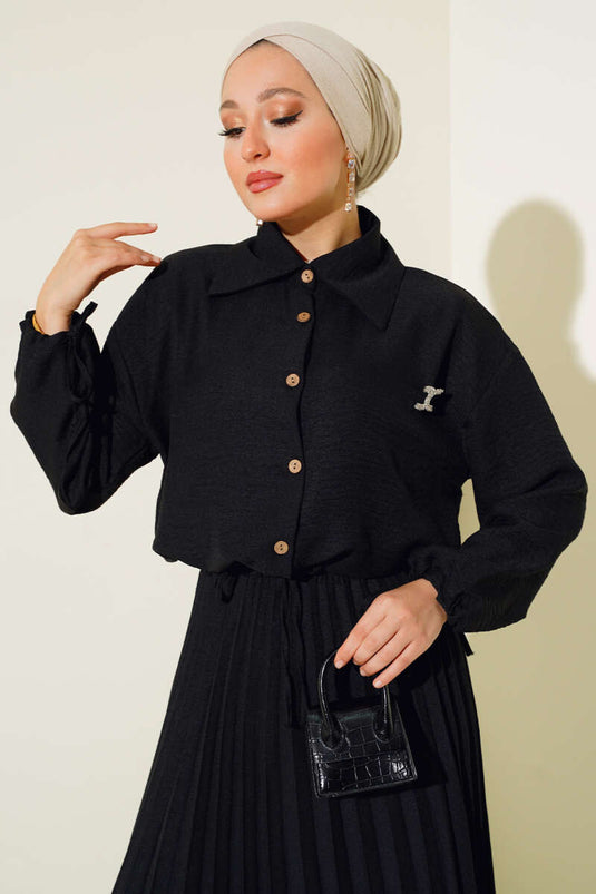 Faltenrock Leinen Doppelanzug Schwarz