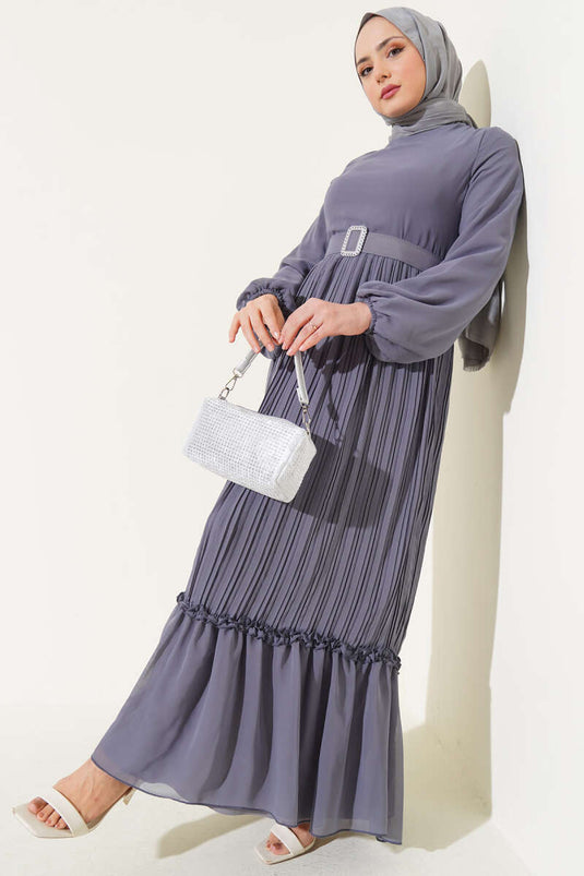 Plissé Rimpel Ceintuur Chiffon Jurk Grijs