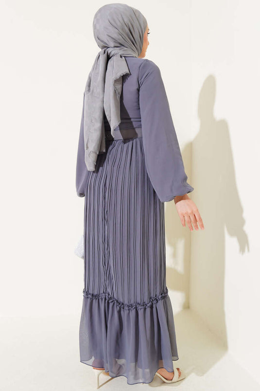 Plissé Rimpel Ceintuur Chiffon Jurk Grijs