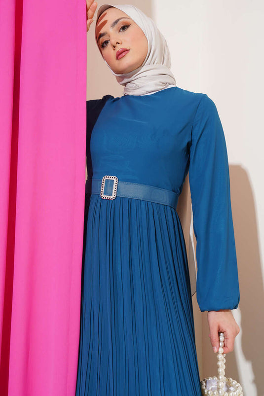 Robe en mousseline plissée à volants et ceinture, pétrole