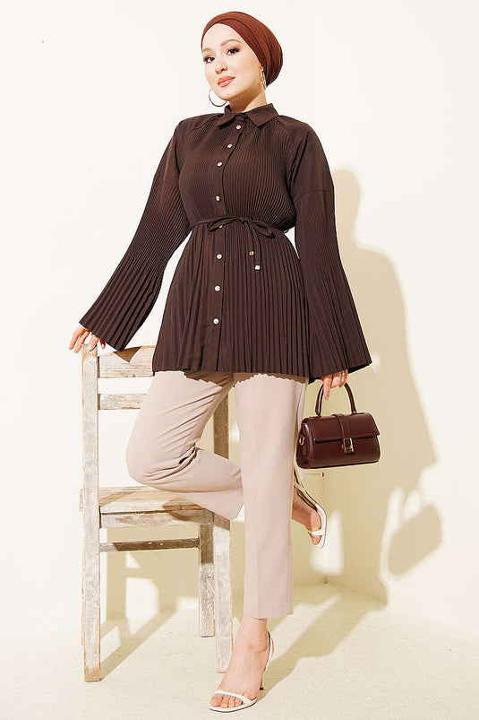 Camicia con cintura a cordoncino plissettata, colore caffè