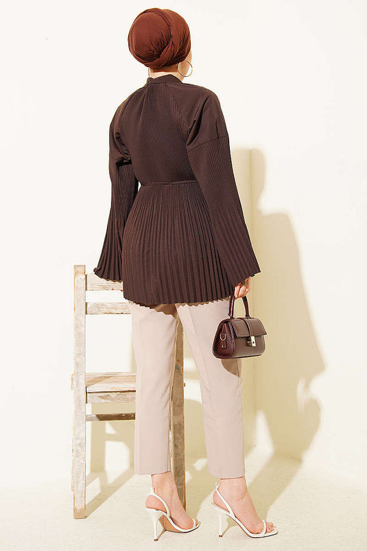 Camicia con cintura a cordoncino plissettata, colore caffè