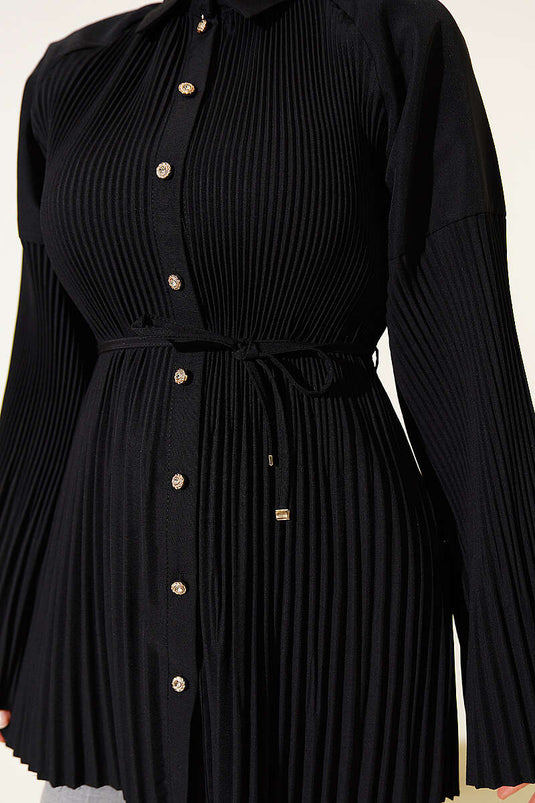 Schwarze Bluse mit gerafftem Kordelgürtel
