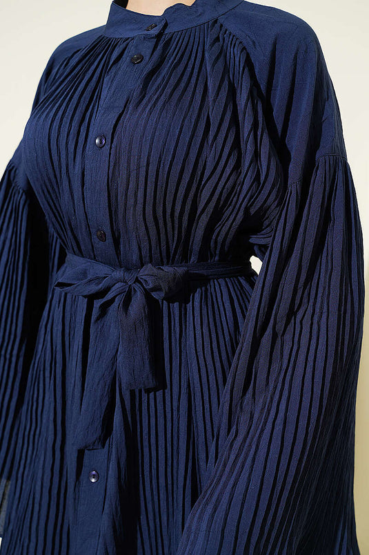 Pleated Spanish Sleeve Belted Dress Navy Blue