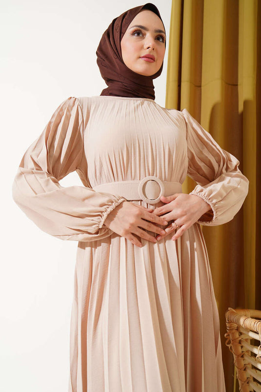 فستان أيروبين مطوي بحزام باللون البيج