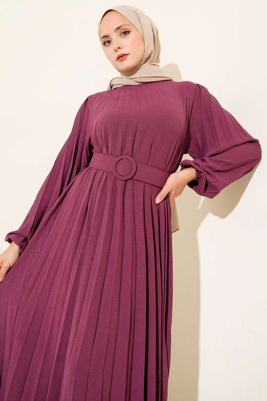 Piliseli Kemerli Ayrobin Elbise Menekşe