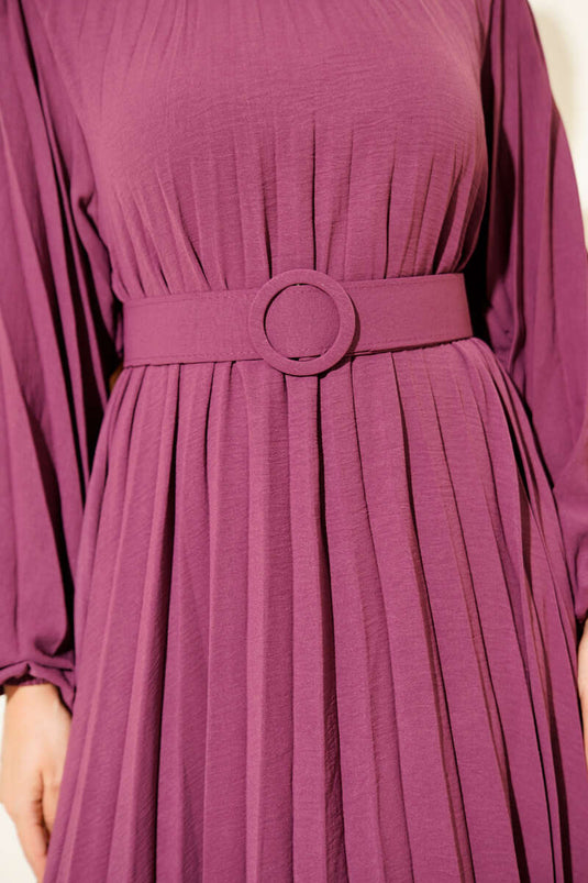 Piliseli Kemerli Ayrobin Elbise Menekşe