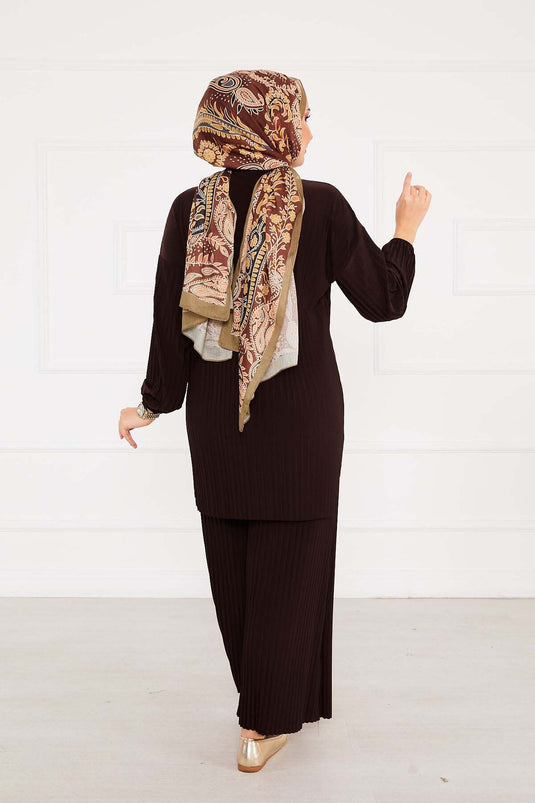 Pleated Comfortable Pattern Hijab Two Piece Set Bitter Brown