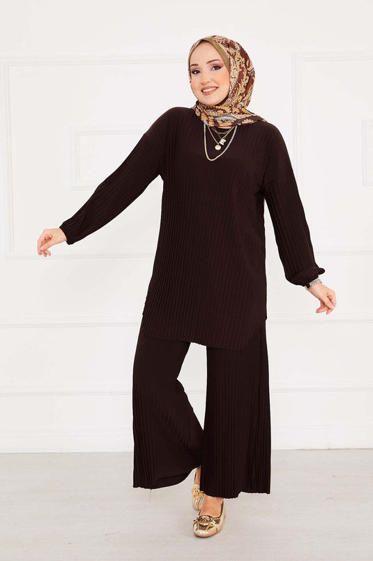 Pleated Comfortable Pattern Hijab Two Piece Set Bitter Brown