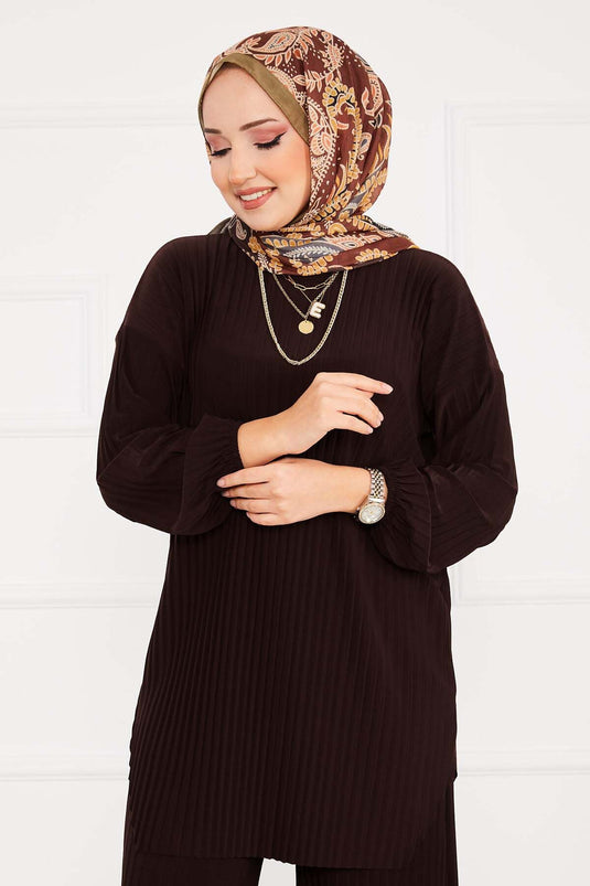 Pleated Comfortable Pattern Hijab Two Piece Set Bitter Brown