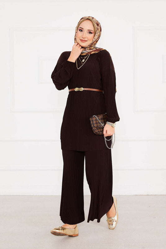 Pleated Comfortable Pattern Hijab Two Piece Set Bitter Brown