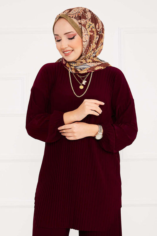 Plissierter bequemer Hijab-Zweiteiler mit Muster, Weinrot