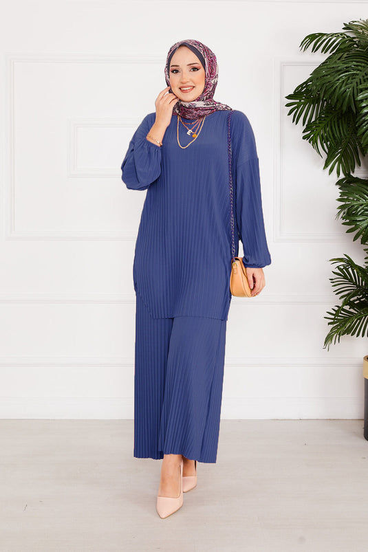 Ensemble deux pièces hijab plissé et confortable, couleur indigo