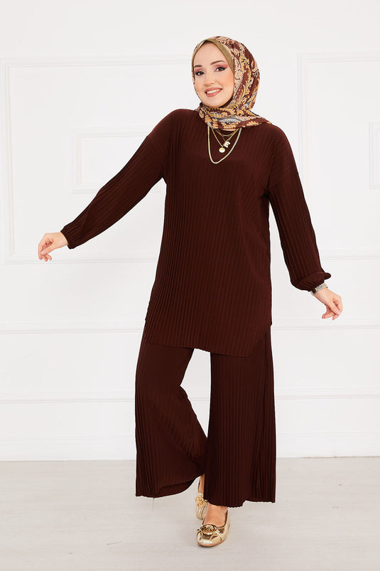 Ensemble hijab deux pièces plissé et confortable, marron