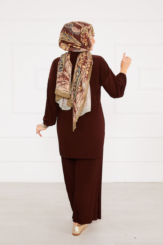 Ensemble hijab deux pièces plissé et confortable, marron