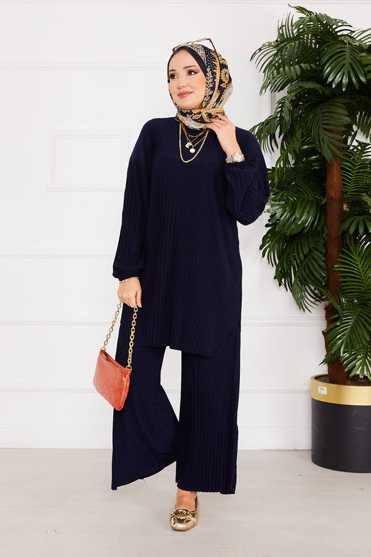 Completo due pezzi hijab con motivo plissettato e confortevole, blu navy
