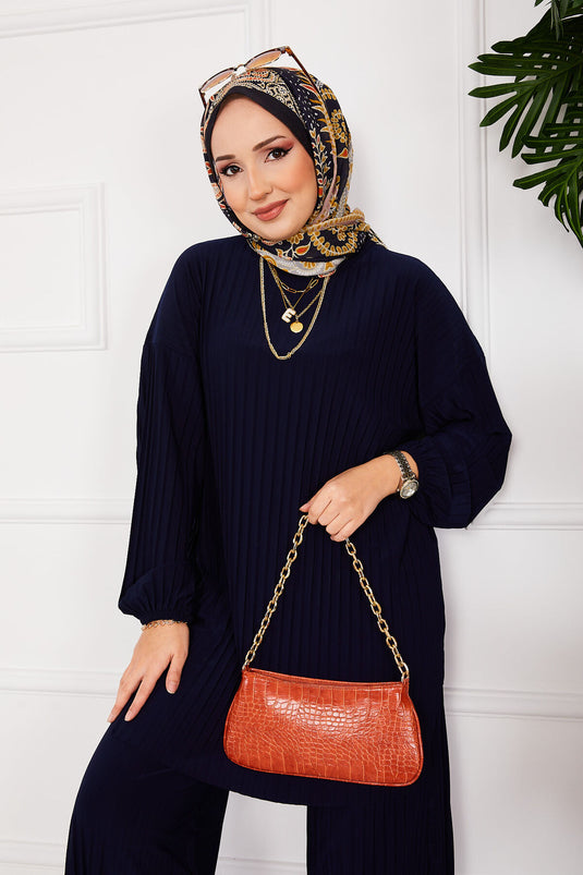 Completo due pezzi hijab con motivo plissettato e confortevole, blu navy