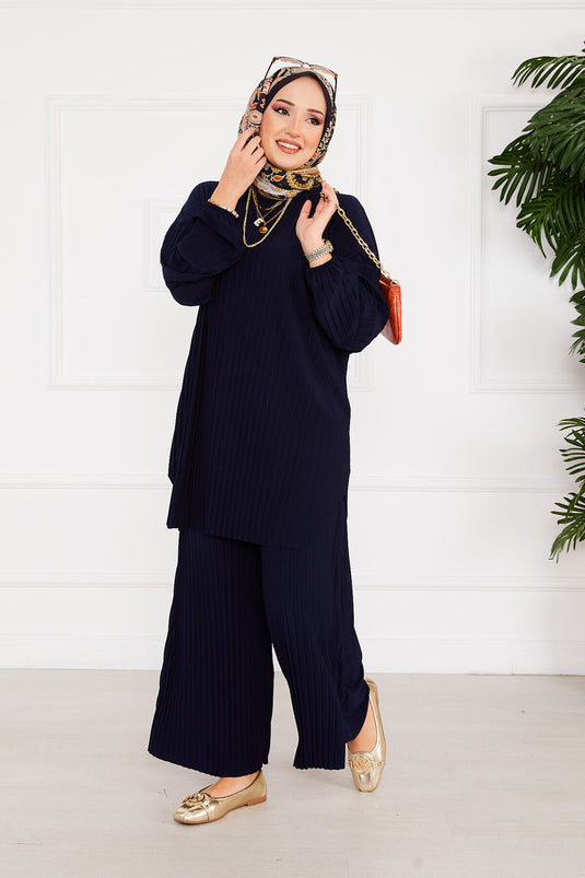 Completo due pezzi hijab con motivo plissettato e confortevole, blu navy