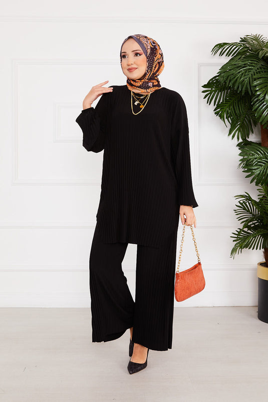 Costume deux pièces hijab plissé confortable noir