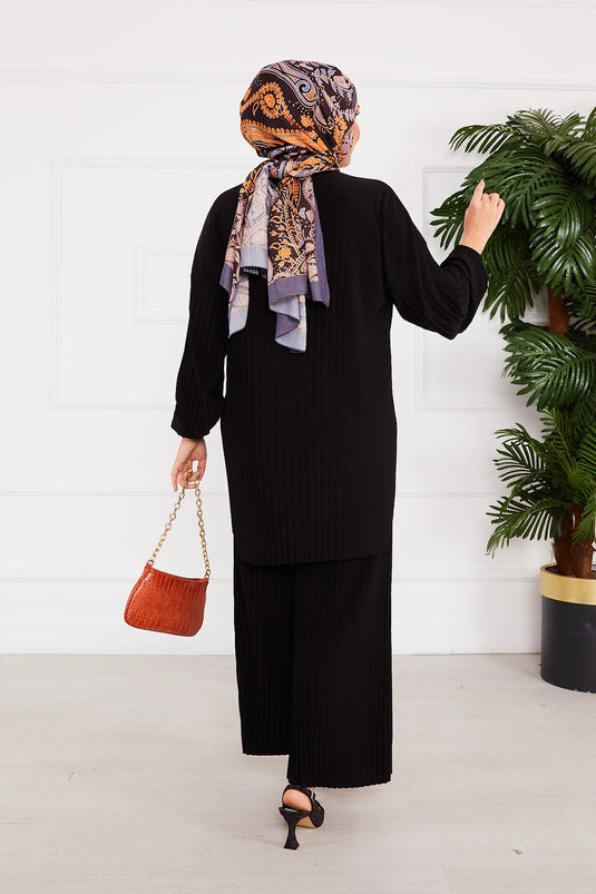Costume deux pièces hijab plissé confortable noir