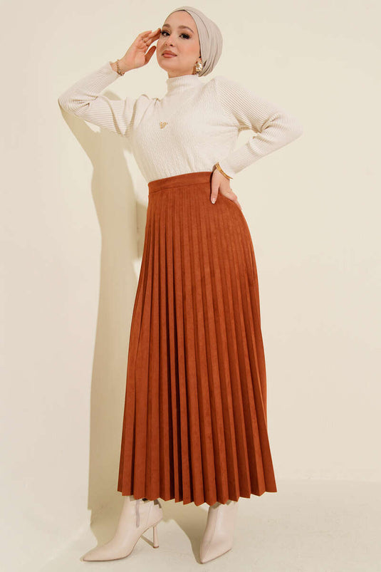 Pleated Suede Skirt in Terracotta