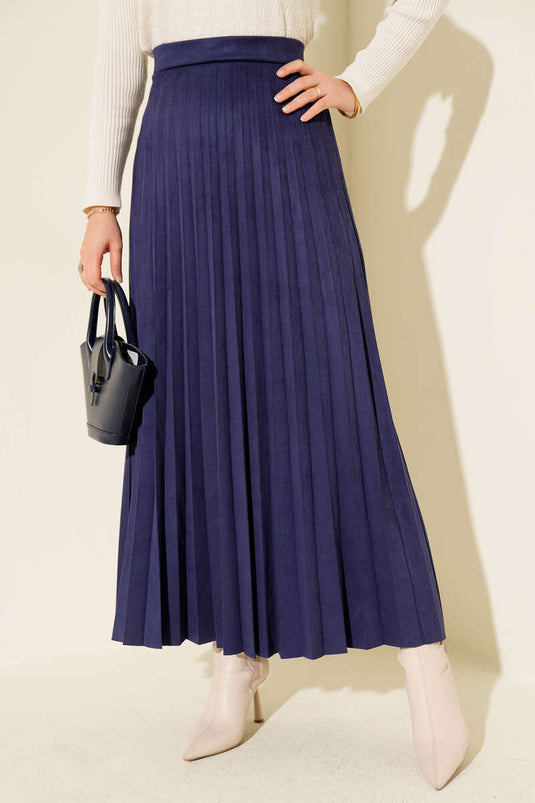 Pleated Suede Skirt Navy Blue