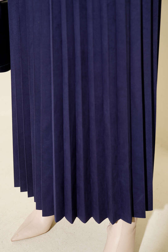 Pleated Suede Skirt Navy Blue