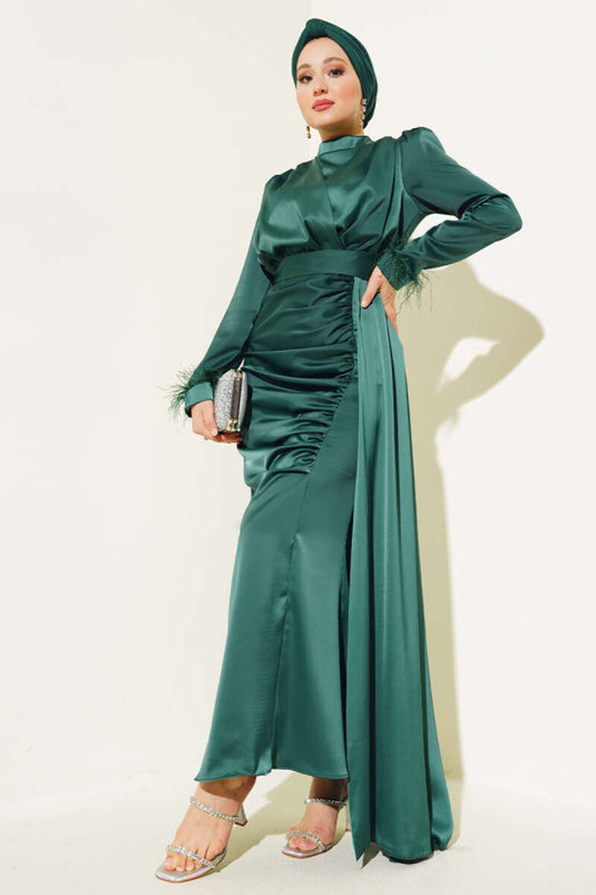 Piliseli Tüylü Manşet Elbise Zümrüt