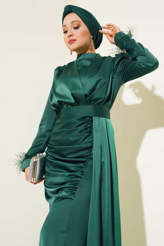 Piliseli Tüylü Manşet Elbise Zümrüt