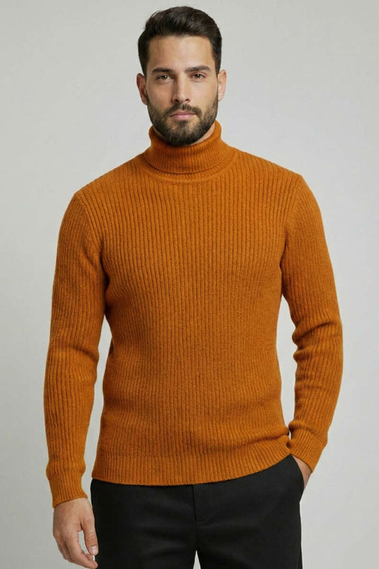 Pull homme à col roulé en maille de riz moutarde