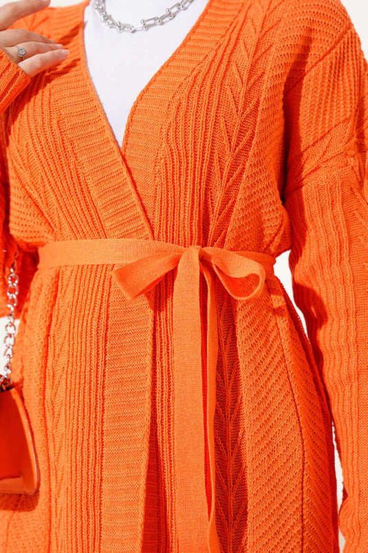 Cardigan en tricot à motifs avec ceinture en tricot de riz orange