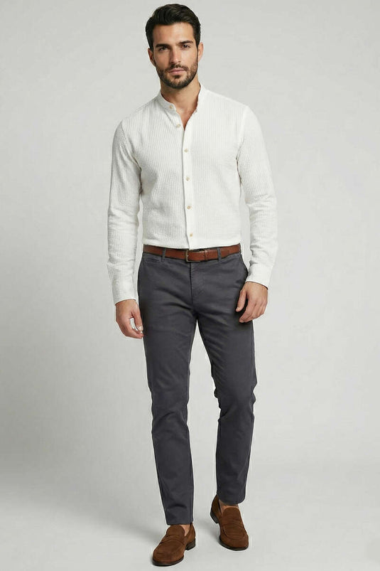 Camicia da uomo con collo alla coreana intrecciata in cotone color crema