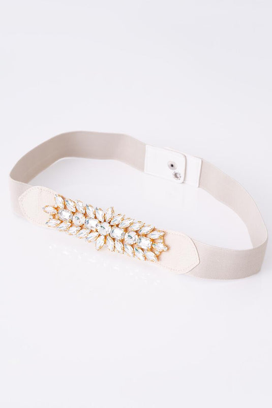 Ceinture élastique beige ornée de pierres de diamant