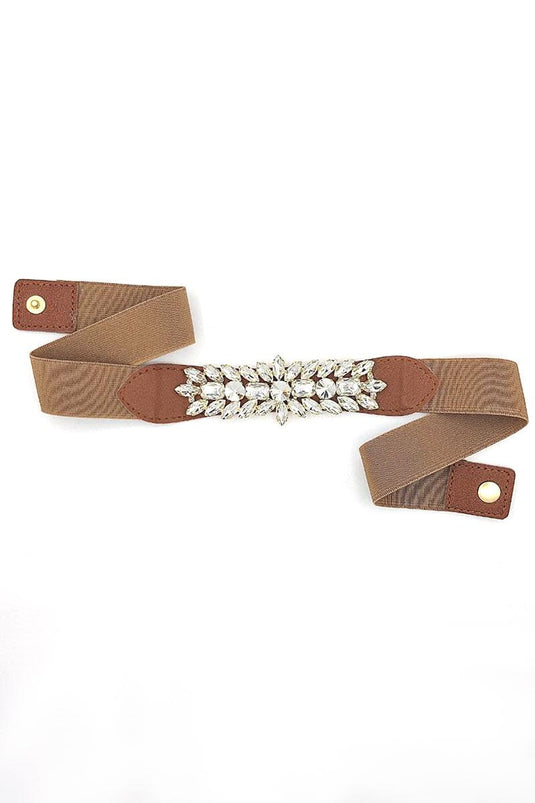 Ceinture élastique beige ornée de pierres de diamant