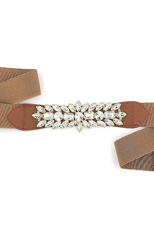 Ceinture élastique beige ornée de pierres de diamant