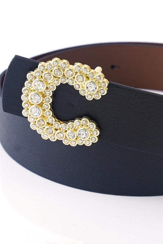 Ceinture noire avec boucle en pierre de diamant