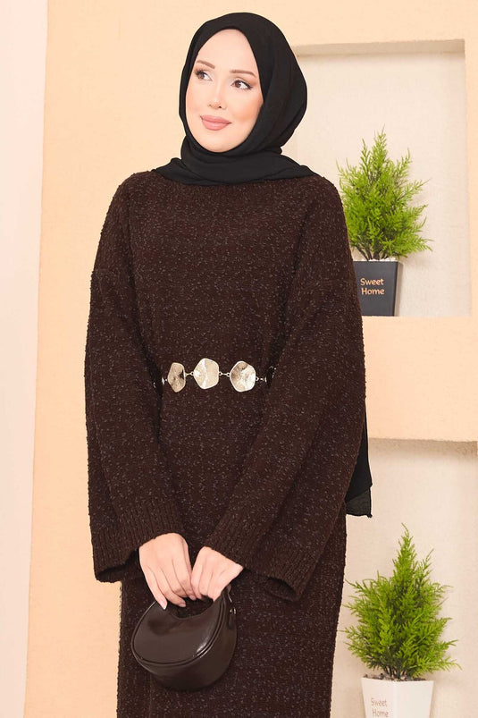 Übergroßes Hijab-Kleid mit Patchwork-Textur, Braun