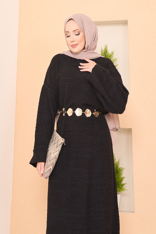 Übergroßes Hijab-Kleid mit Patchwork-Textur, Schwarz