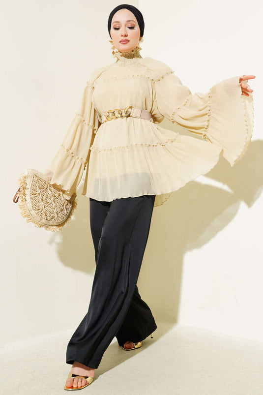 Pliseli Kat Kat Salaş Tunik Bej